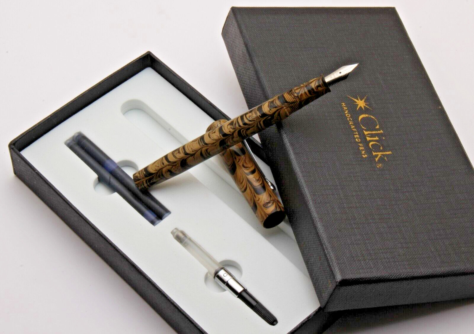Click Century Light Brown & Black Ebonite Fountain Pen Chrome Trims New In Box