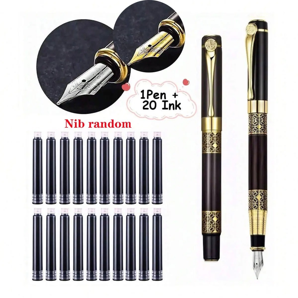 Retro Metal Fountain Pen Replaceable Ink Fine Nib Elegant Writing Gift Pen