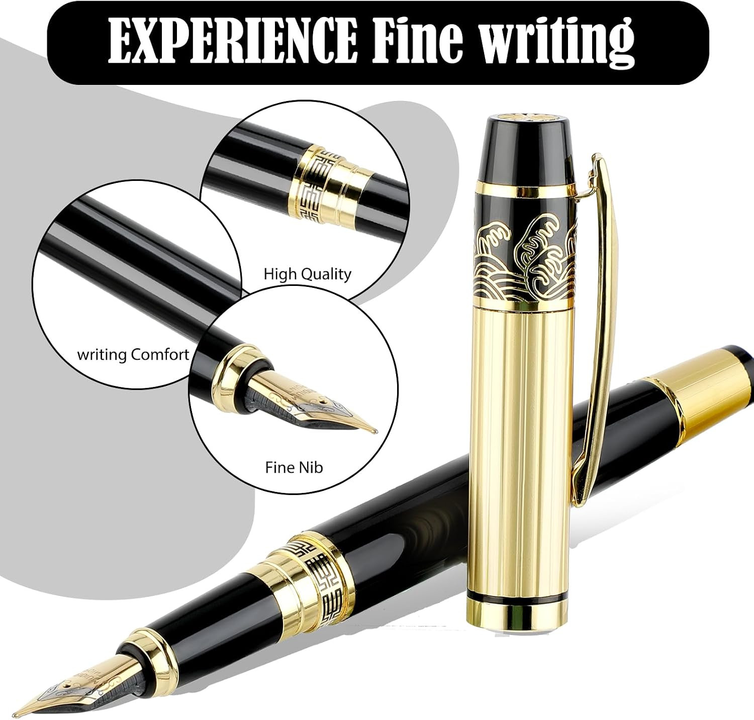 Metal Fountain Pens Set, 0.5Mm Luxury Fine Point Fountain Pen, with 10 2.6Mm Ink