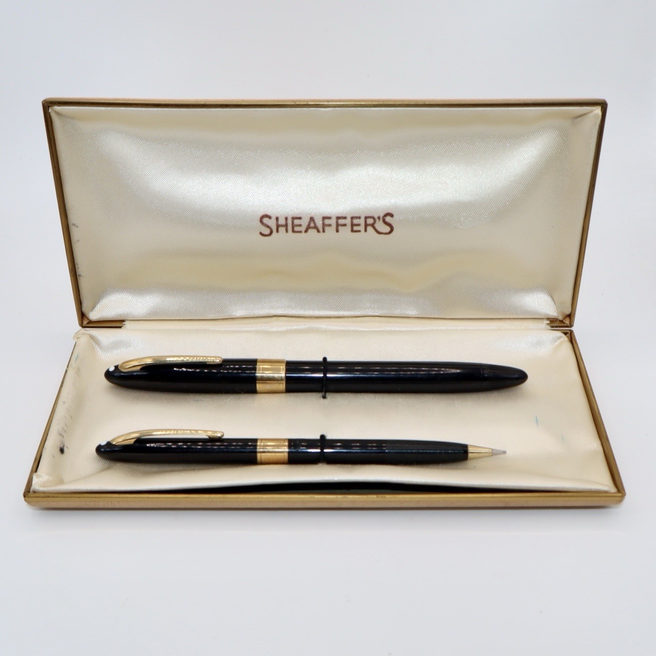 Vintage Sheaffer’s Snorkel Pen & Pencil Set In Orig Box – White Dot 14k Gold Nib
