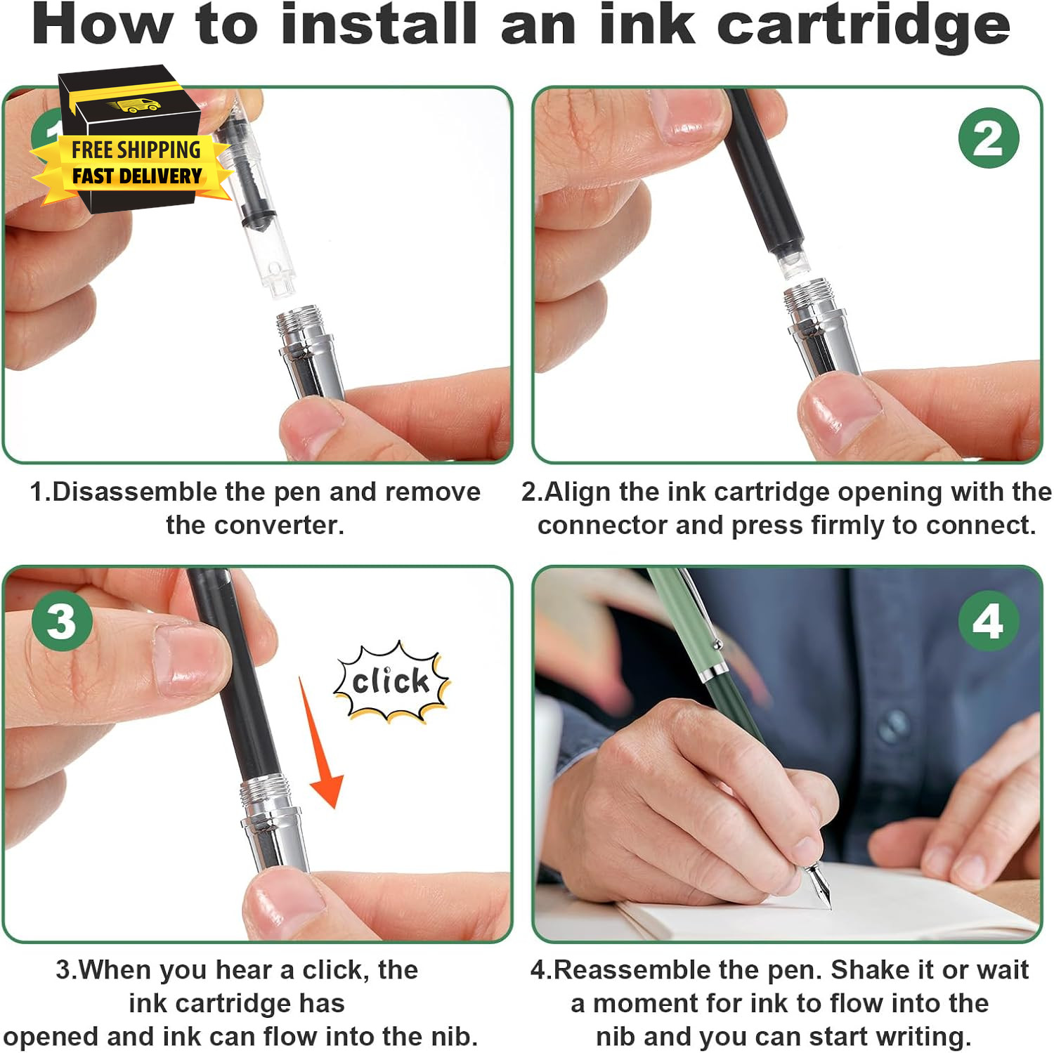 Metal Fountain Pens with 10 Black Ink Cartridges, 0.5Mm Fine Nib Fountain Pen Sm