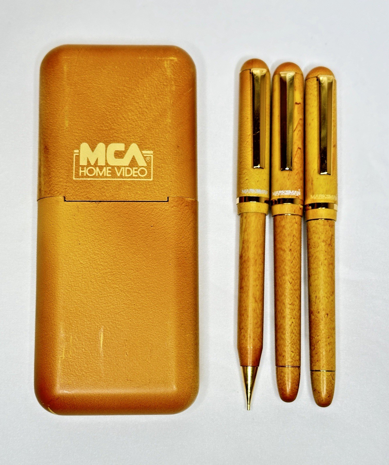 Marksman Fountain Pen, Ballpoint Pen, 0.5mm Pencil Wood Grain Plastic Set W/Case