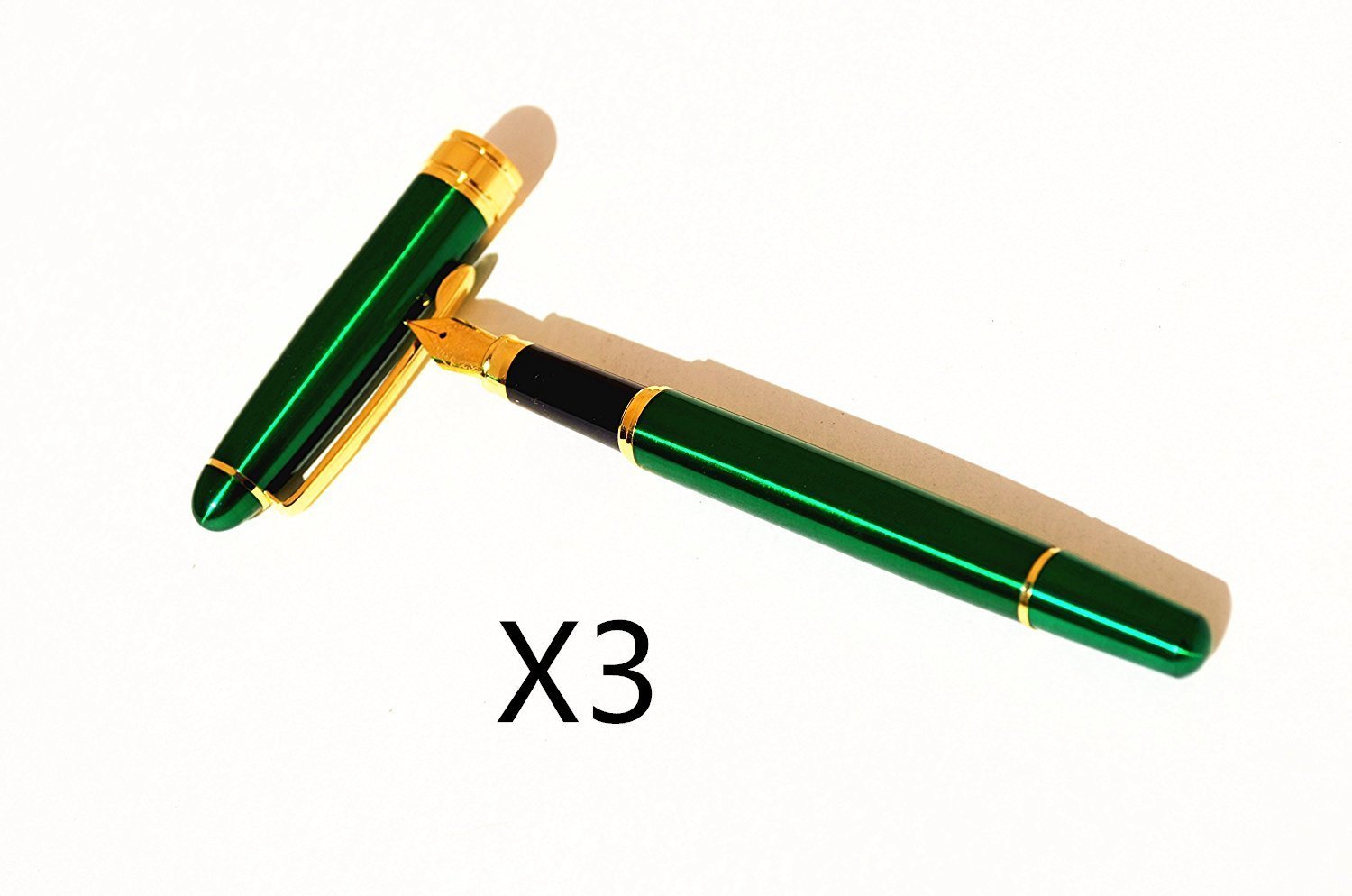 3 X Premium Metal Fountain Pen ,Green With Gold Color Trim ,Black Ink.