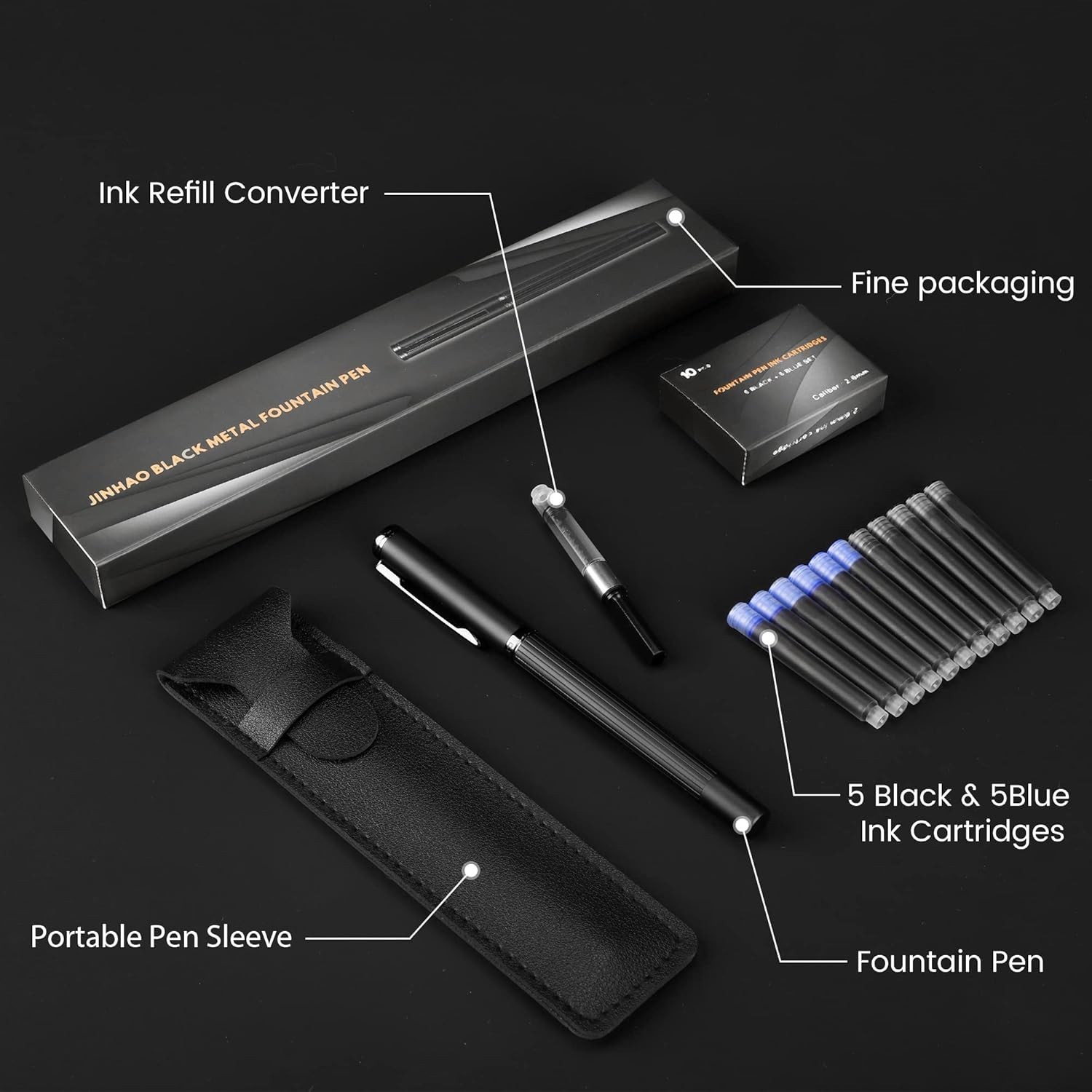 Elegant Black Fountain Pen with Ergonomic Grip – Includes Converter & Cartridges