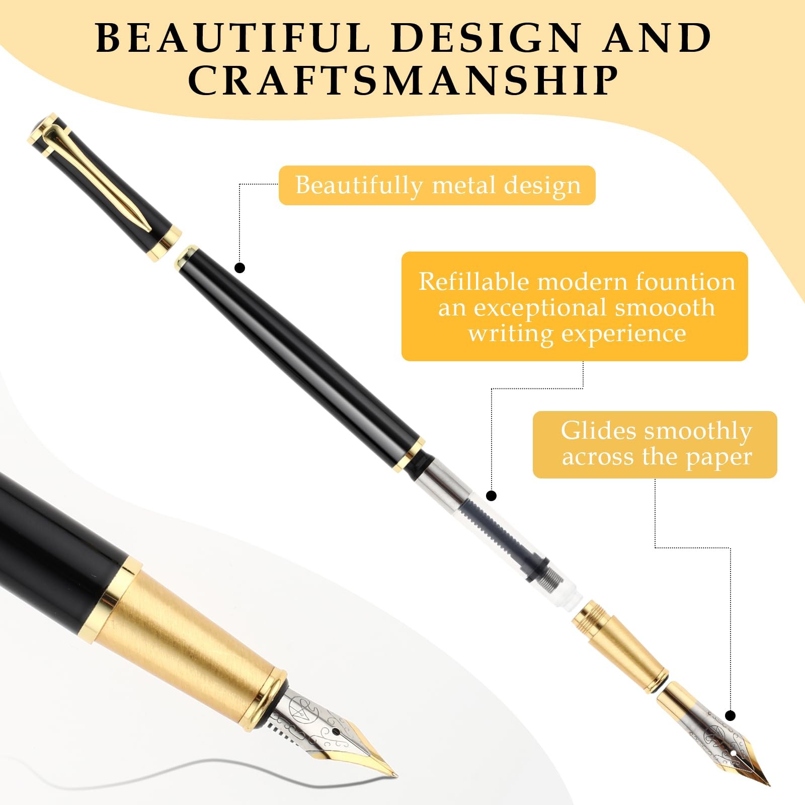 Luxury Metal Fountain Pen Set, 0.5mm Fine Nib Fountain Pen with 6 Pcs 2.6mm B…