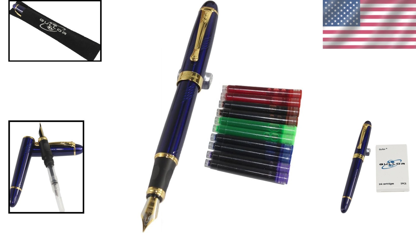 Luxury Dark Blue Fountain Pen with Smooth Grip & 5 Color Ink Cartridges Included