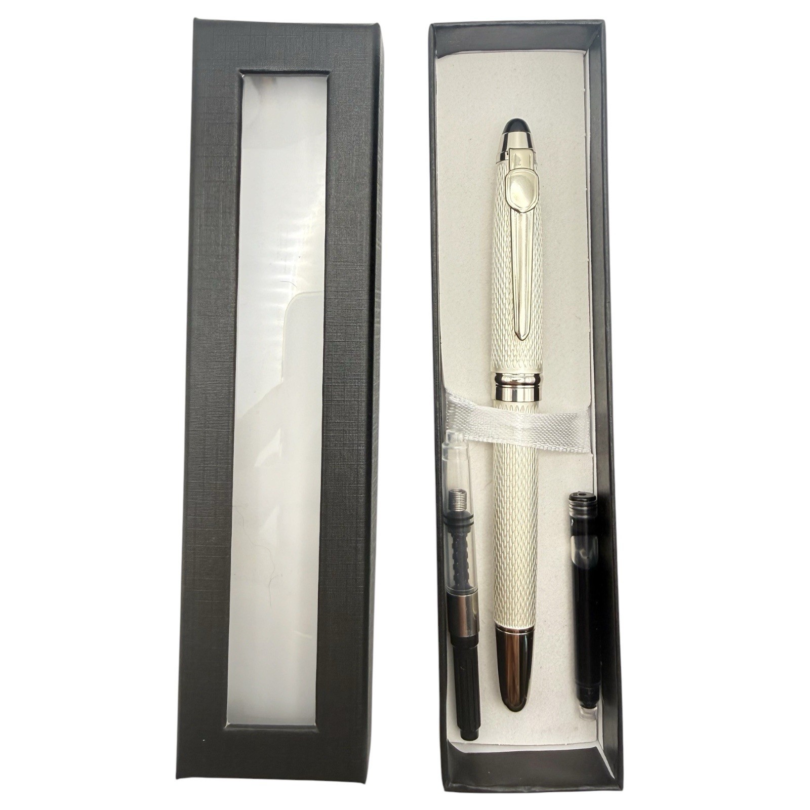 Fountain Pen Medium (M) Nib Silver Knurled Metal Barrel Nice Gift Box