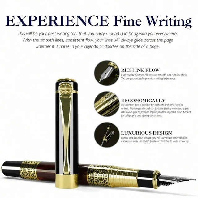 Fine Nib Fountain Pen with 10 Ink Cartridges Metal Refillable Calligraphy Pen