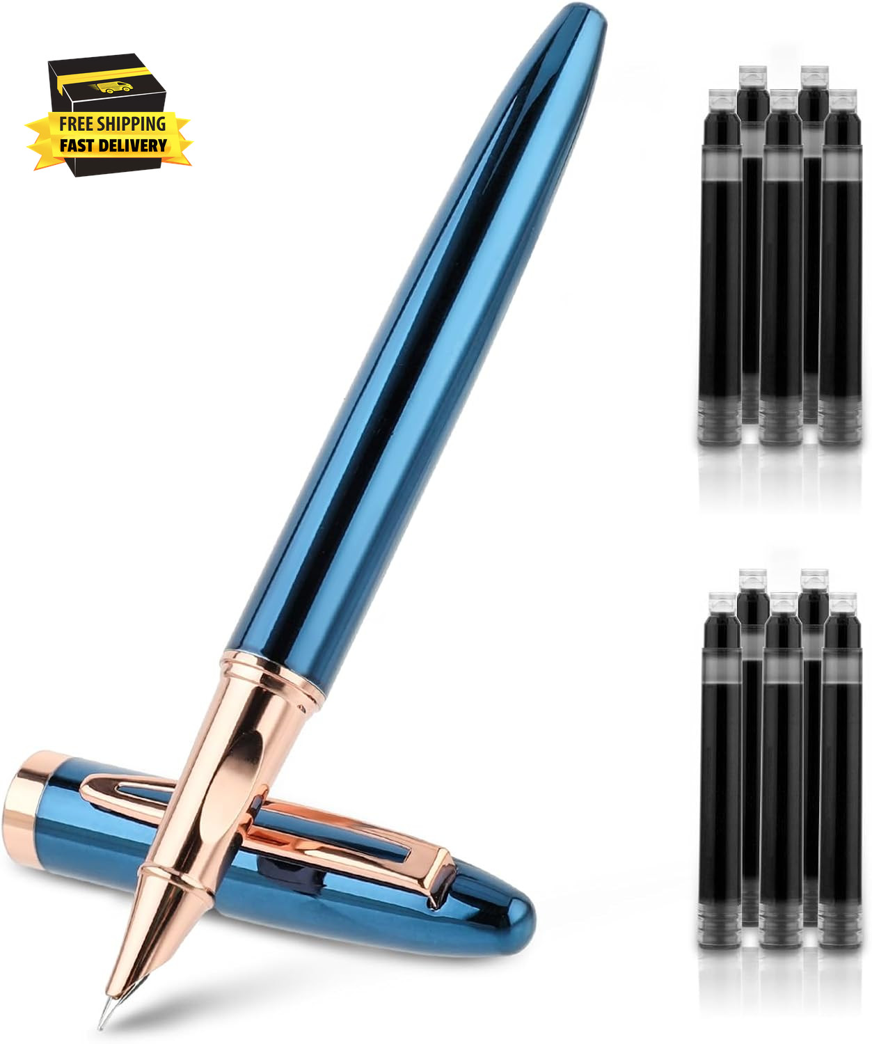Metal Black Fountain Pen Set, 0.38Mm Fine Nib Fountain Pen with 10 3.4Mm Ink Car
