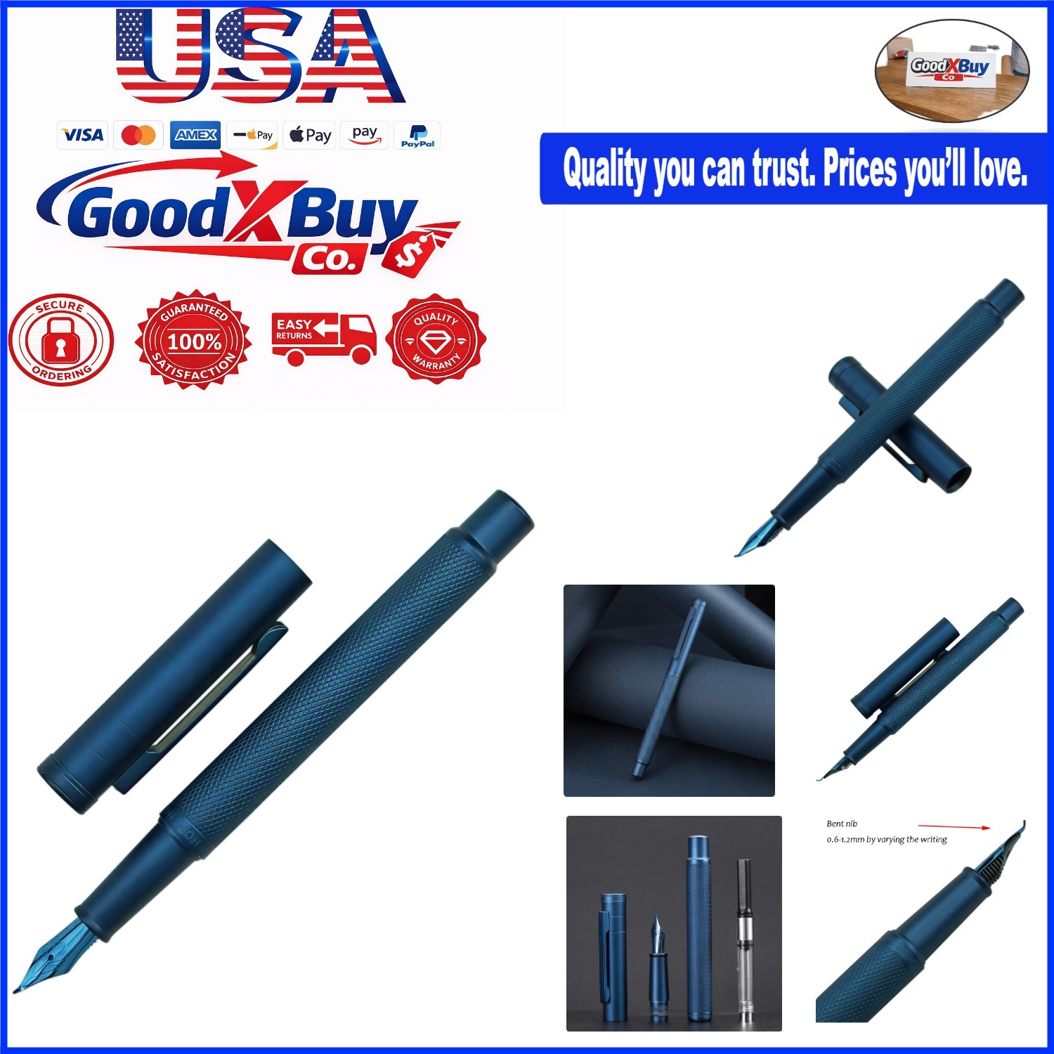 Dark Blue Fountain Pen with Bent Titanium Nib and Tree Texture – Metal, Water…