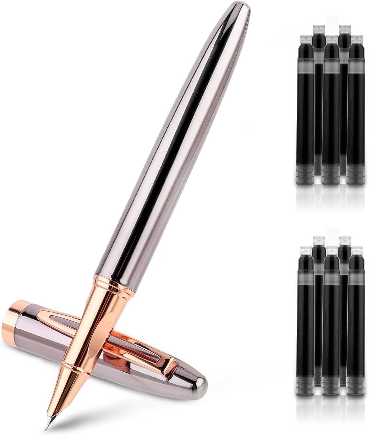 Metal Black Fountain Pen Set, 0.38Mm Fine Nib Fountain Pen with 10 3.4Mm Ink Car