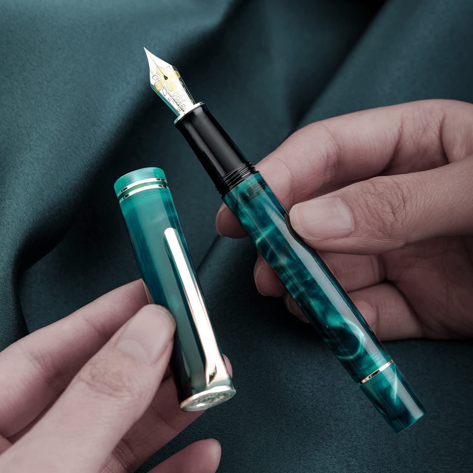 Hongdian N2 Fountain Pen Iridium Fine Nib Teal Blue Acrylic Design Smooth Wri