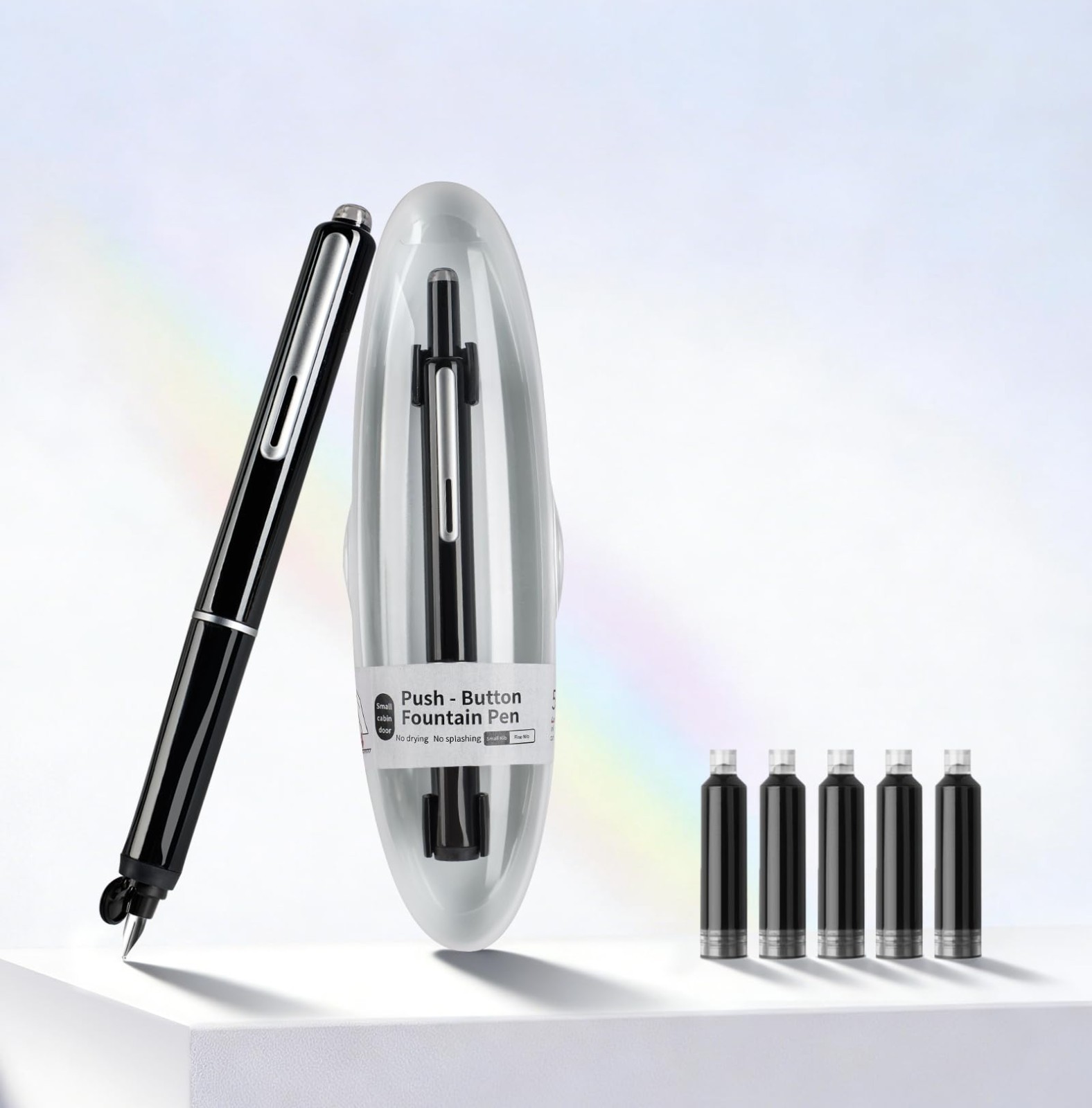 Retractable Fine Nib Fountain Pen Set, Capless Click Pen with 5 Ink Cartridges f