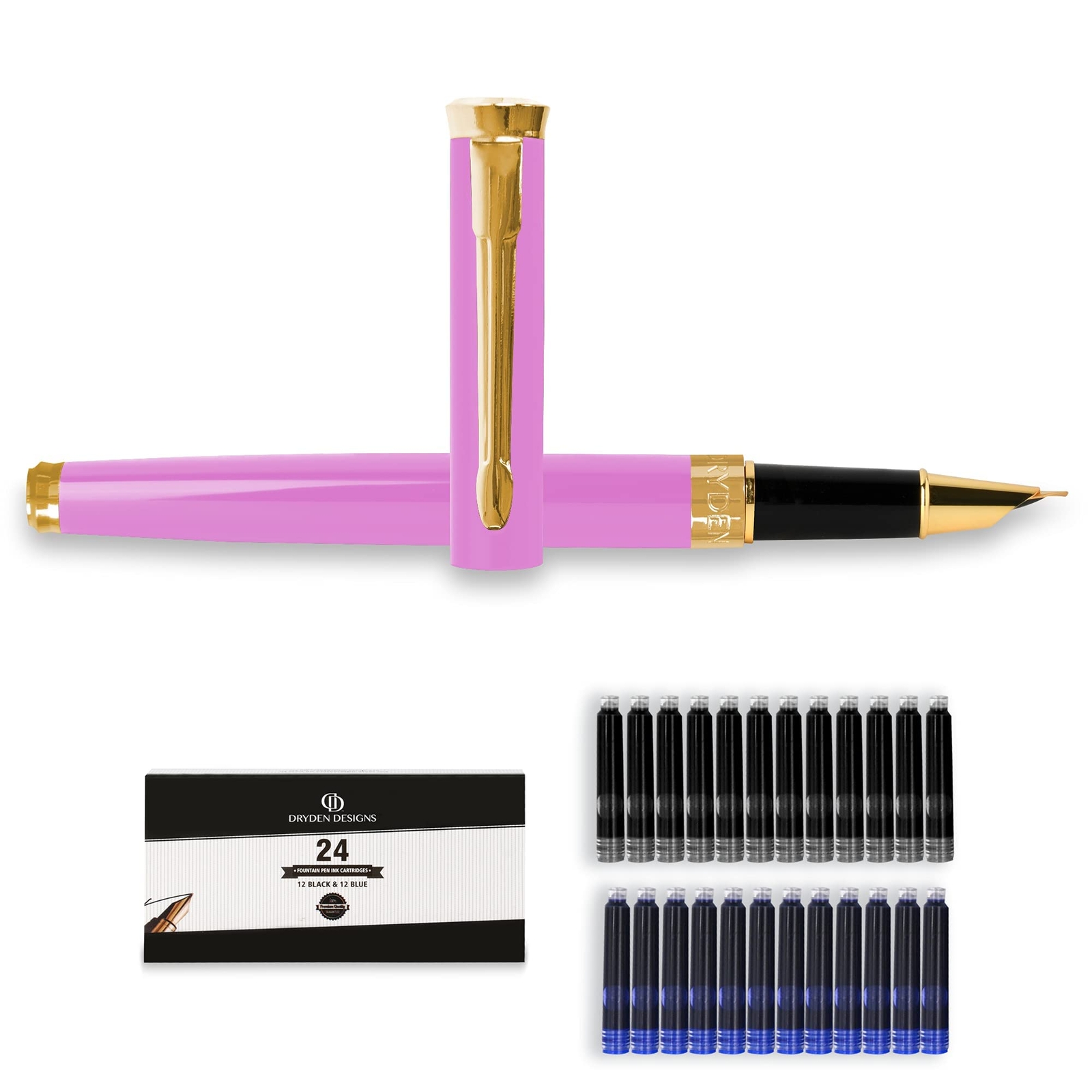 Fine Nib Fountain Pen – Includes 24 Ink Cartridges – 12 Black and 12 Blue – P…
