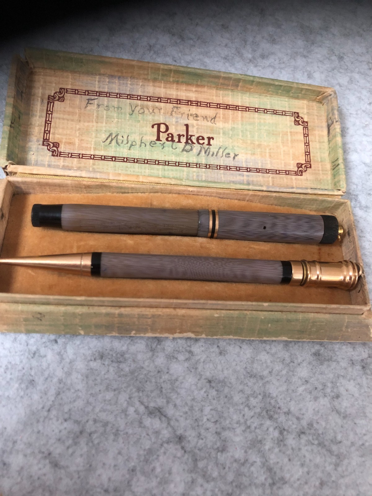 Vintage Parker Moire Lucky Curve Fountain Pen & Pencil Set Original Box PAT 1911