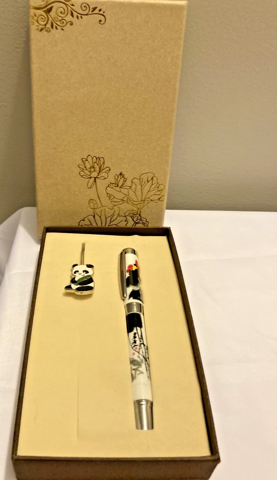 Gift Set with Chinese Motif Ball Point Pen & Matching Bookmark Featuring Panda