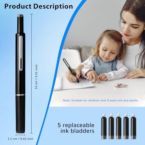 Retractable Fine Nib Fountain Pen Set, Capless Click Pen with 5 Ink Cartridges f