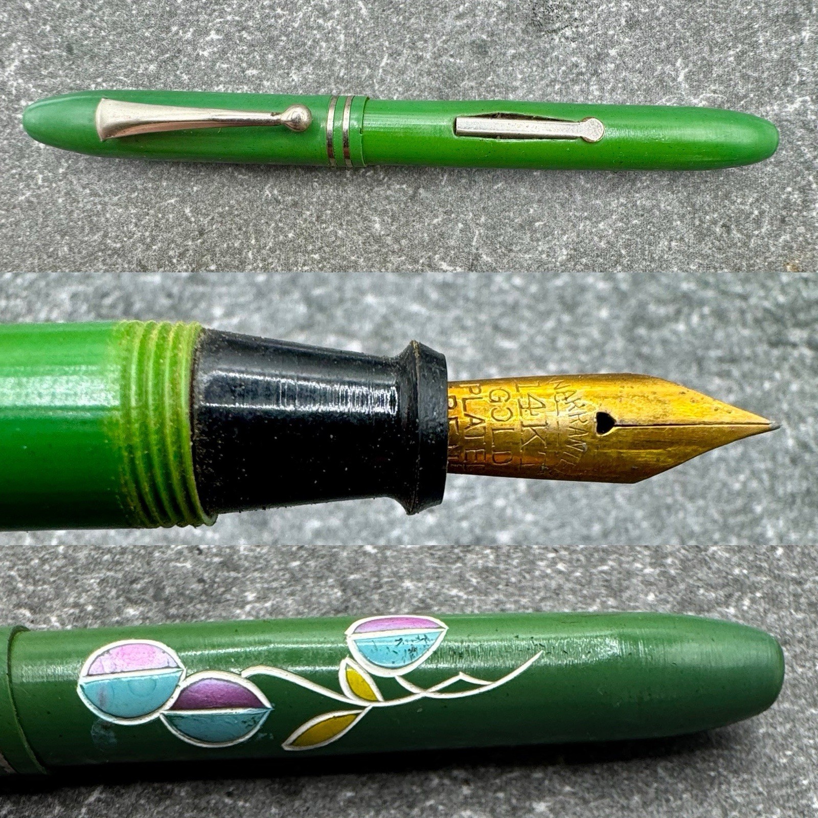 Vintage Japanese Lever Fill Fountain Pen – Green w/ Acrylic? Design – 1930s/40s
