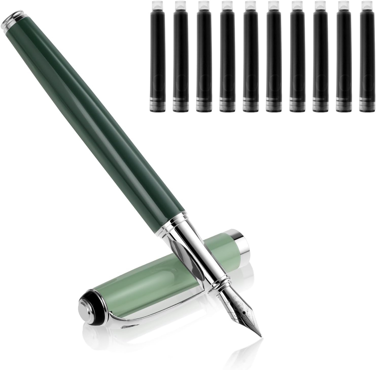 Metal Fountain Pens with 10 Black Ink Cartridges, 0.5mm Fine Nib Fountain Pen Sm