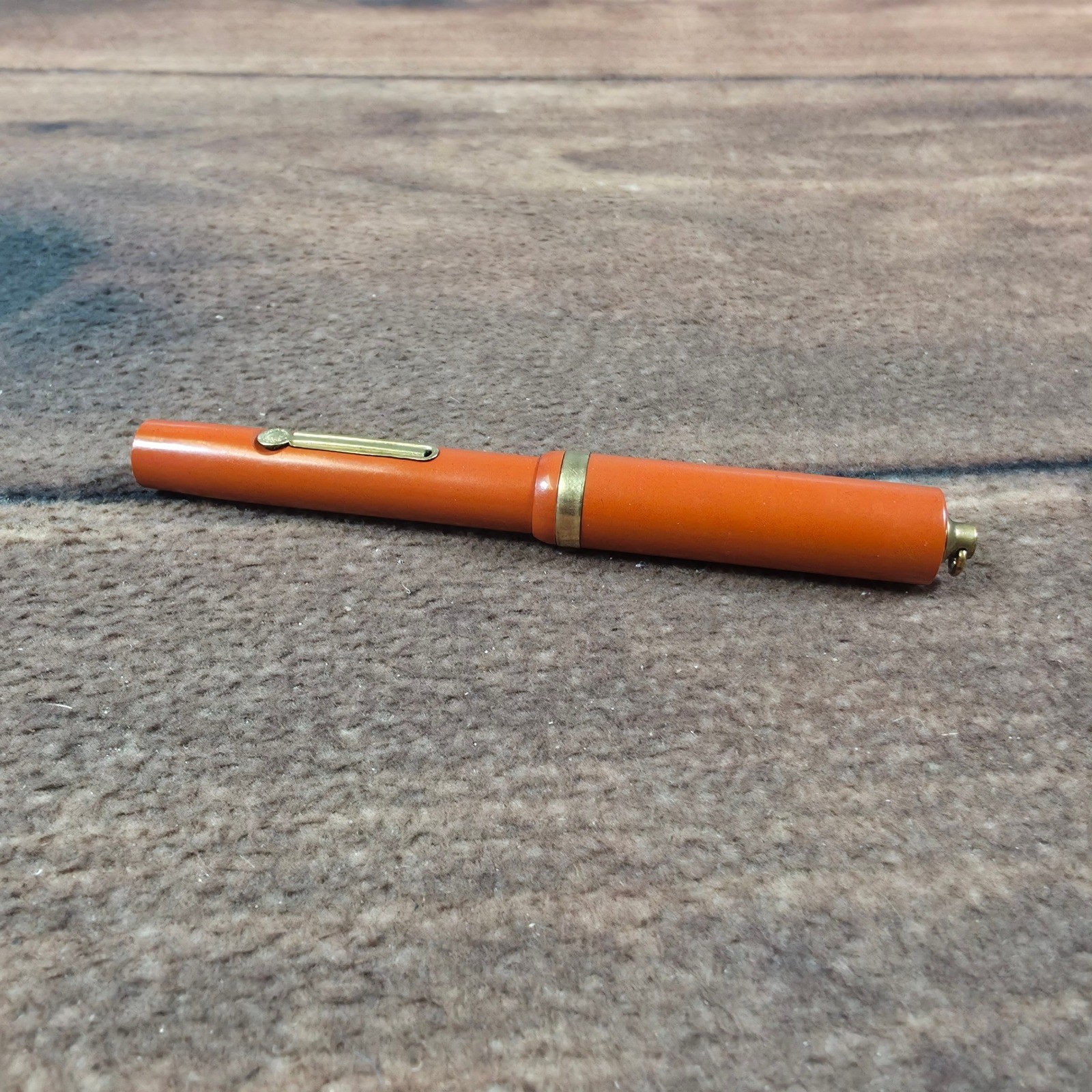 Vintage Fountain Pen Ring Top Orange Good Lever Fill Gold Tone Trim 14K Nib