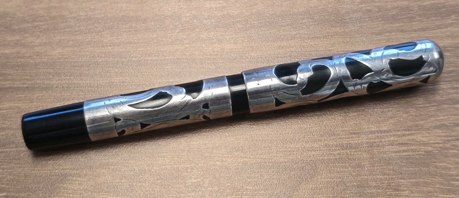 Vintage Unbranded Oversized Sterling Silver/Ebonite Eyedropper Fountain Pen, 14k