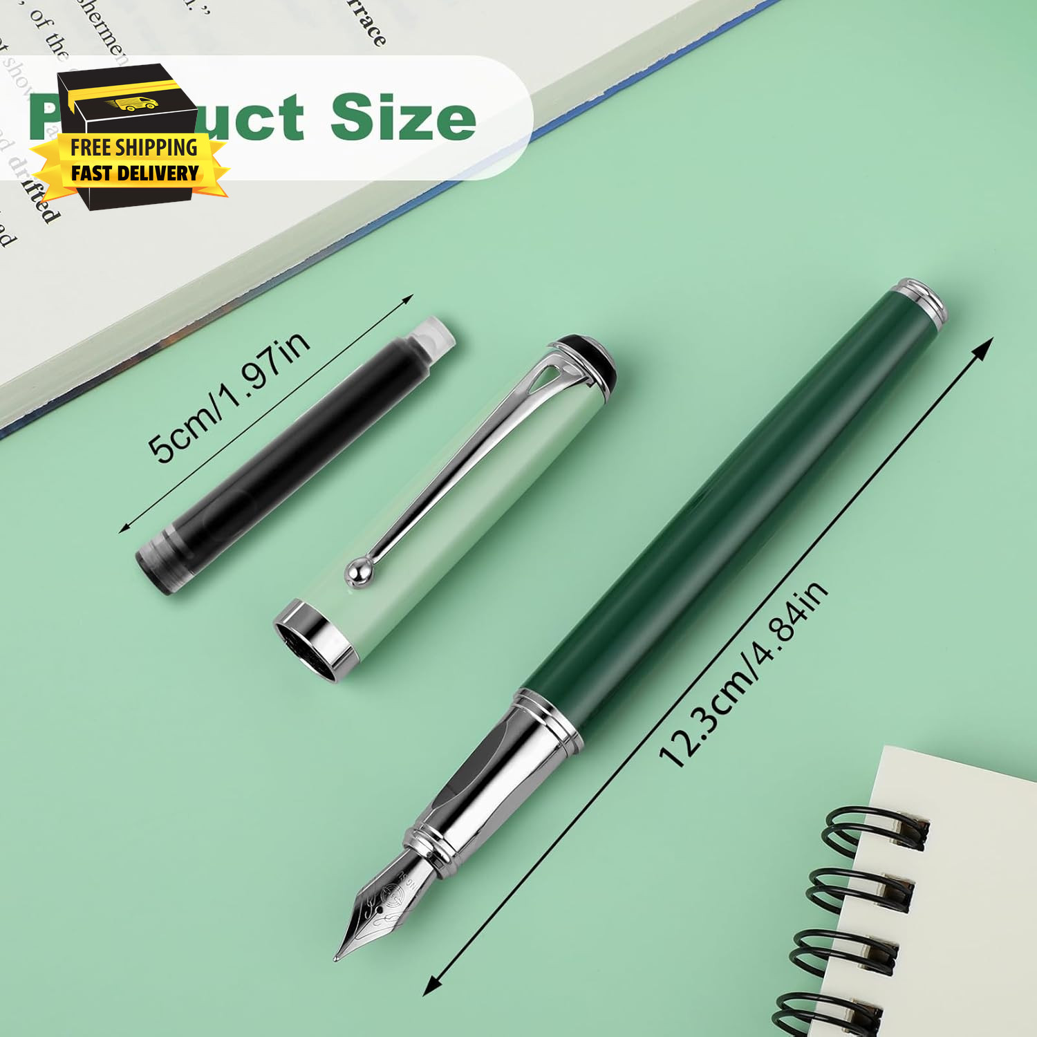 Metal Fountain Pens with 10 Black Ink Cartridges, 0.5Mm Fine Nib Fountain Pen Sm