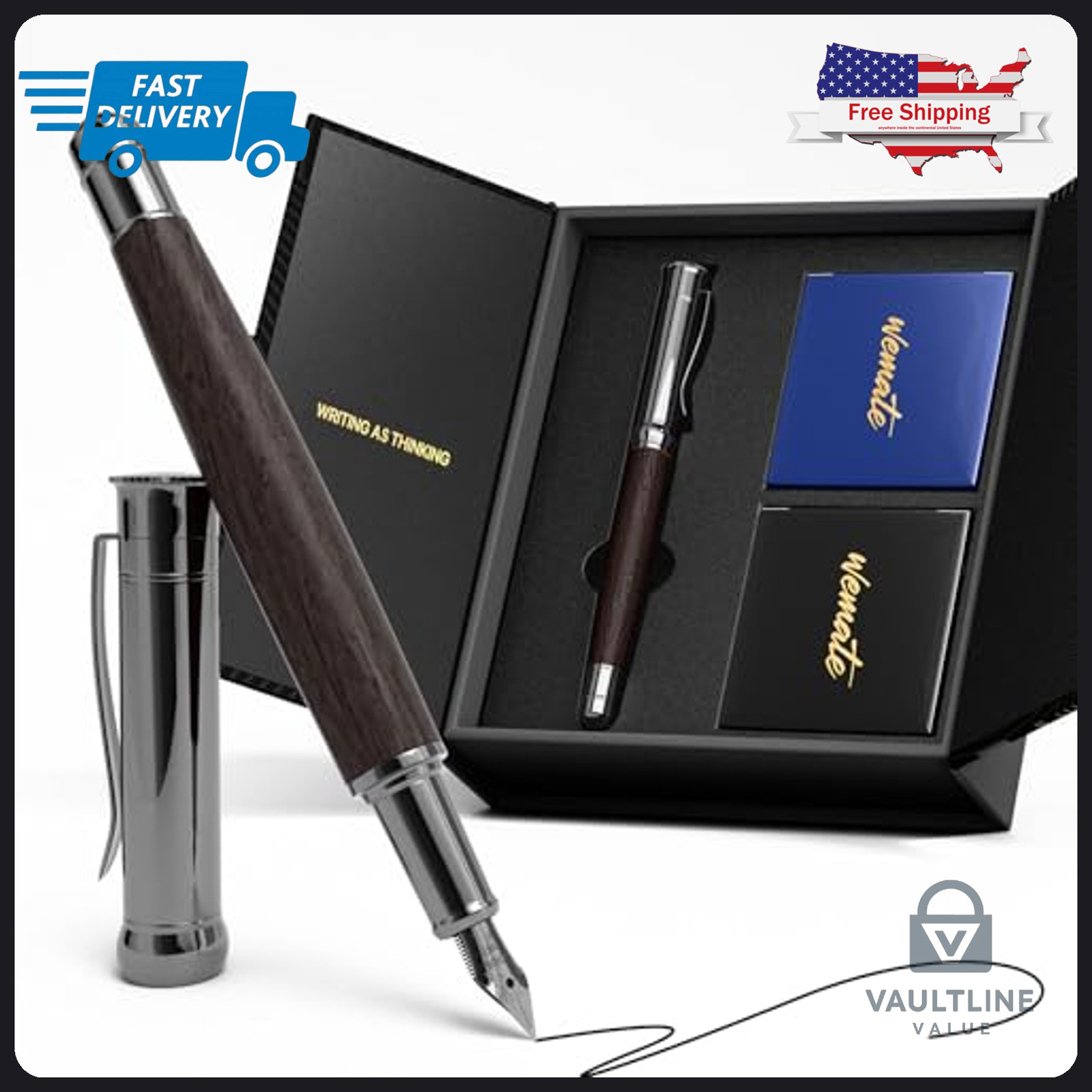 WEMATE Ebony Wood Fountain Pen with Fine Nib and 20 Ink Cartridges