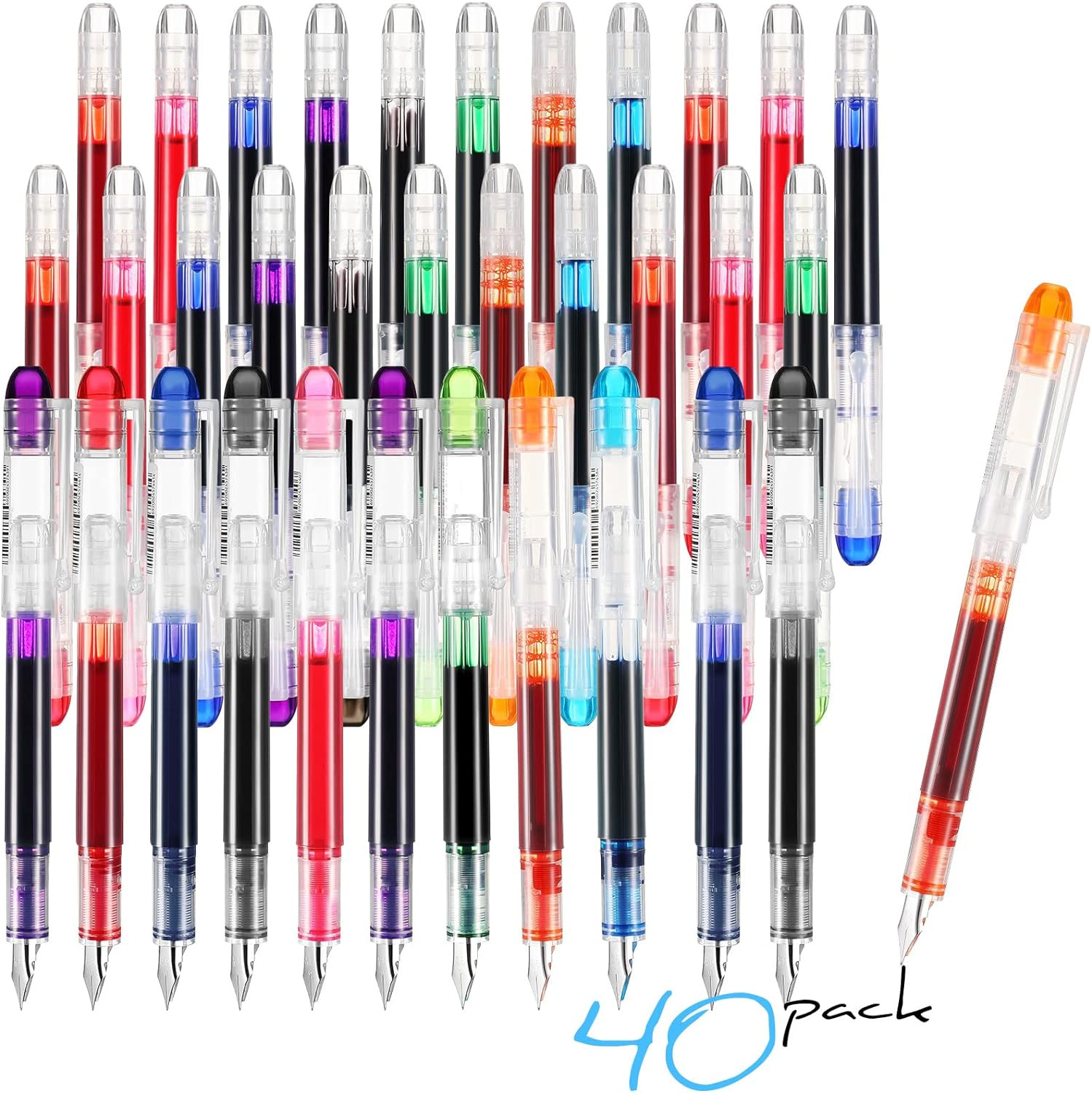 40 Pack Disposable Fountain Pens Set, Colored Ink Fountain Pens for Writing, Ext