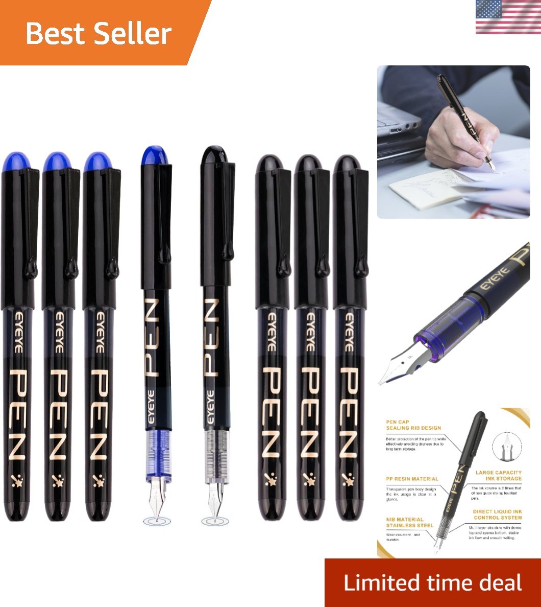 8 Pack Disposable Fountain Pens: 4 Black & 4 Blue, Smooth Fine Point Writing