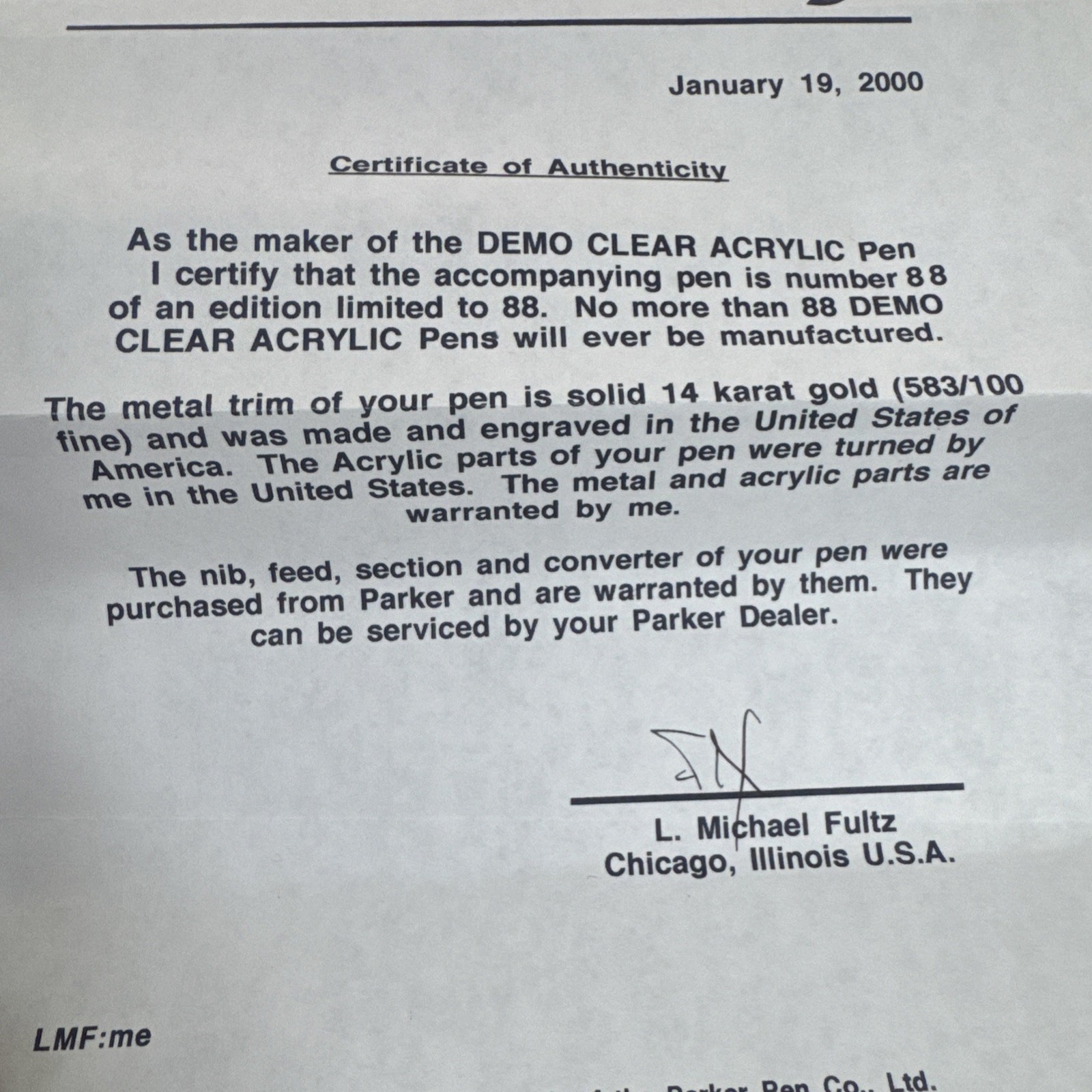 RARE L. MICHAEL FULTZ PARKER DUOFOLD Demo Clear Acrylic #88/88 Only 88 Made Intl