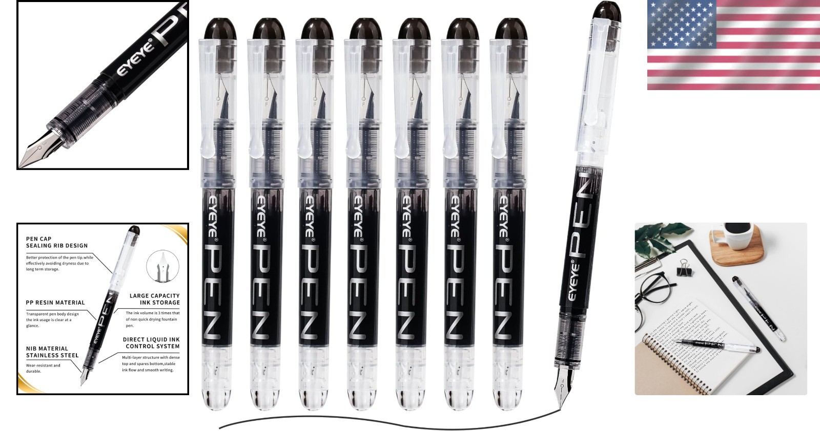 Long-lasting 8 Pack Fountain Pens – Smooth Black Ink for Journaling & Drafting