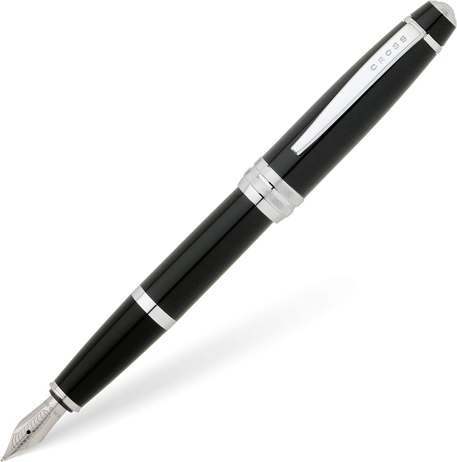 Cross Bailey Fountain Pen, Black Lacquer & Chrome, Medium Nib, New In Box, Metal