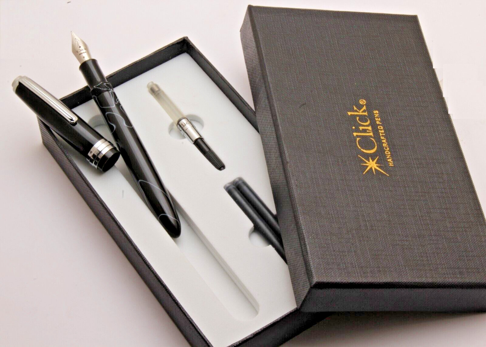 Click Falcon Marble Black Acrylic Body Fountain Pen With Chrome Trims New In Box