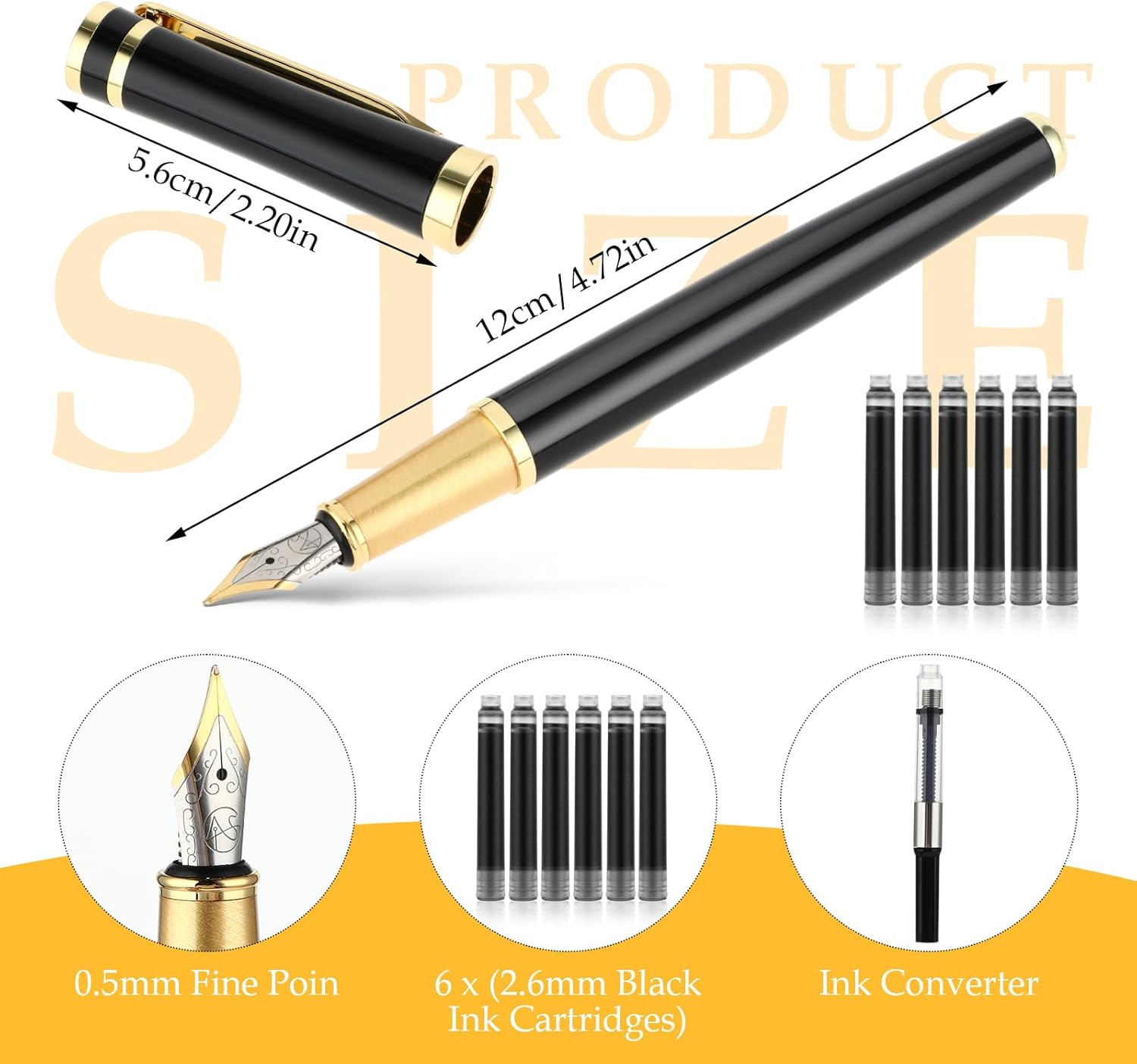 Metal Fountain Pen Set 0.5mm Fine Nib with 6 Black Ink Cartridges Gift Box…