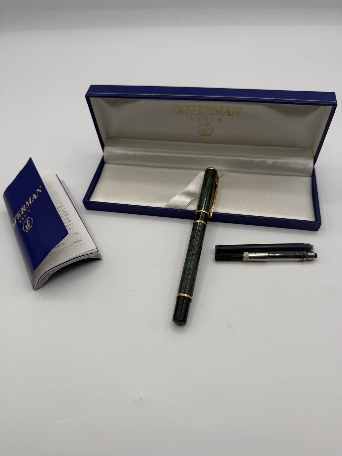 VTG Waterman Paris Marble Green Fountain Pen, Box, Cartridges, Estate Find Used