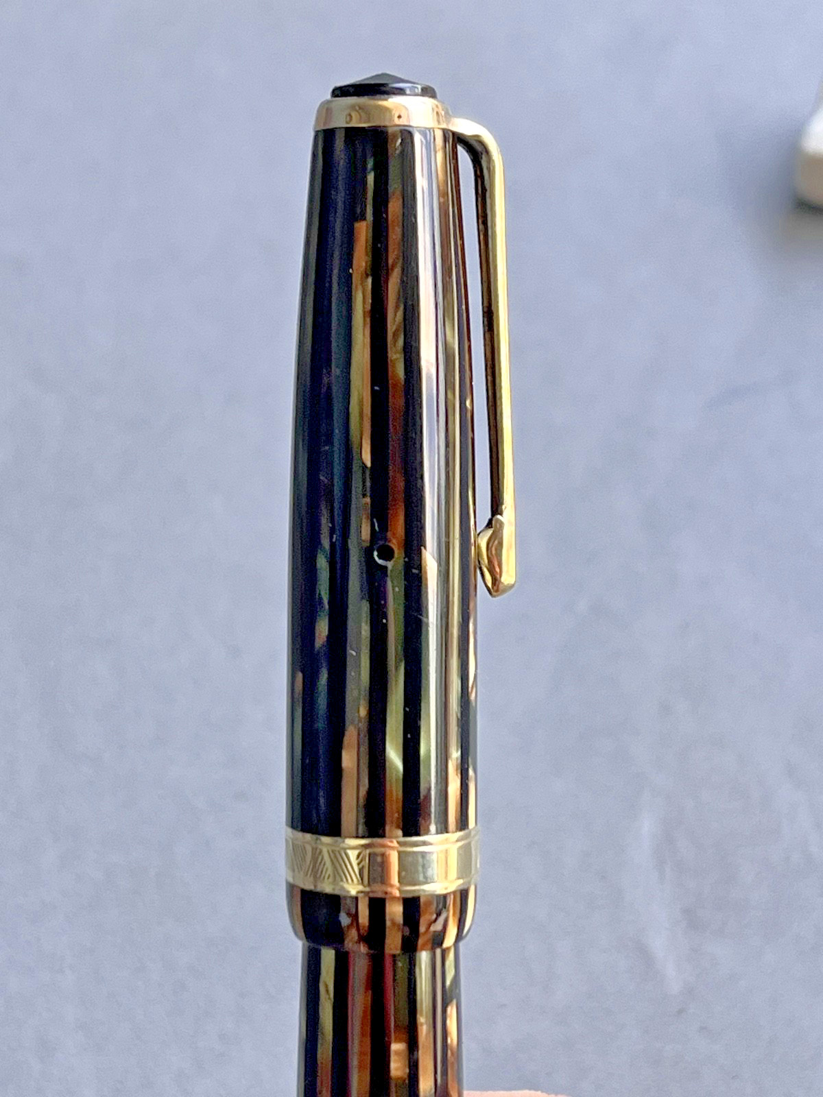 Parker Brown/Green Striped Duofold, Vac-Filler, 14K nib/trim, Fully Restored
