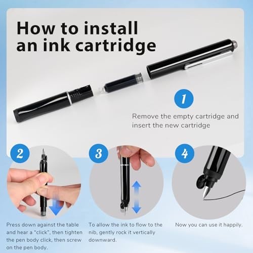 Retractable Fine Nib Fountain Pen Set, Capless Click Pen with 5 Ink Cartridges f
