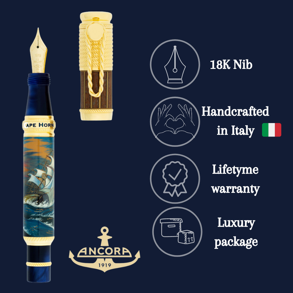 Ancora Cape Horn Fountain Pen Limited Edition 88 Italy Luxury 18k Gold Nib New
