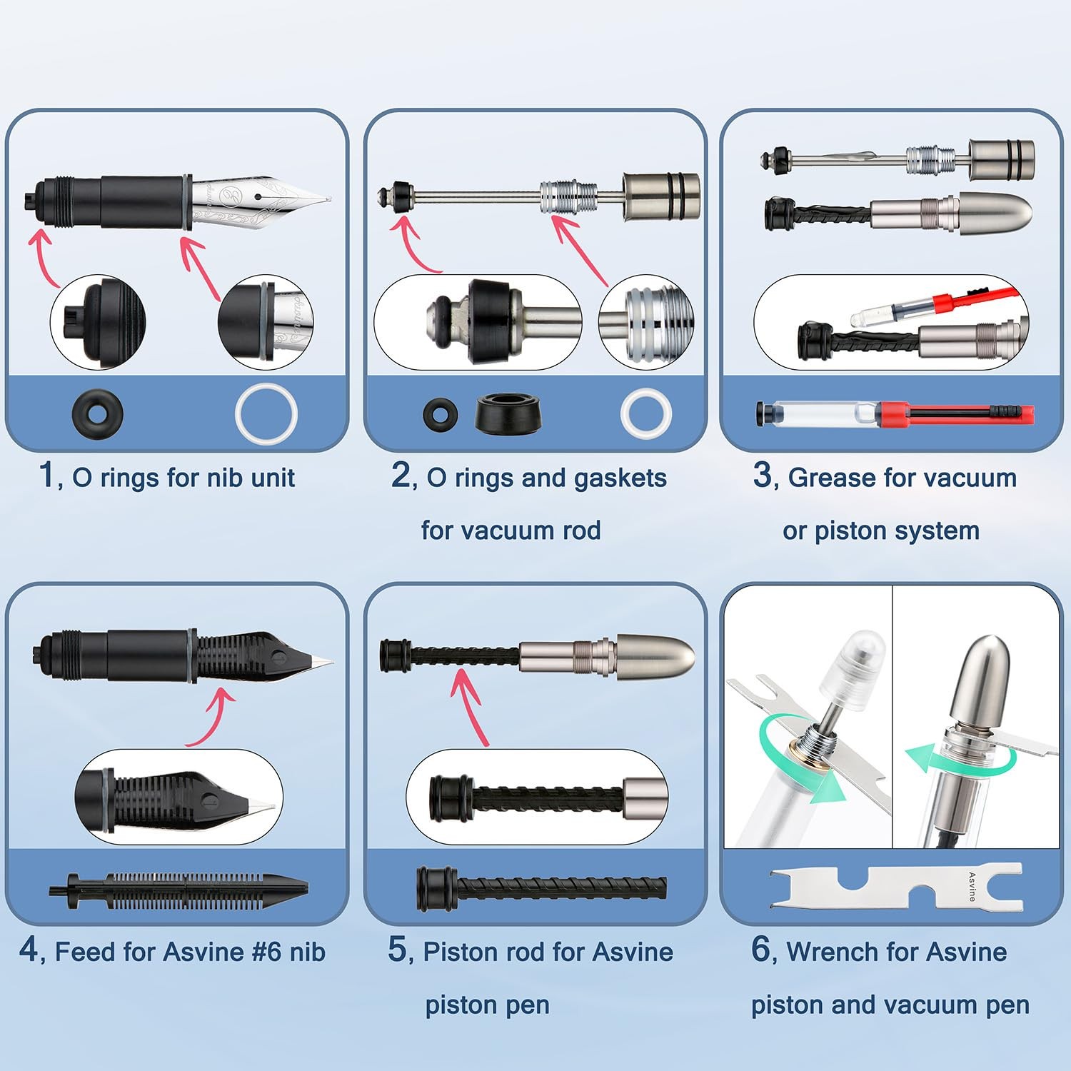 Vacuum and Piston Fountain Pen Accessories, Repair Parts Kit, O-Rings, Gasket…