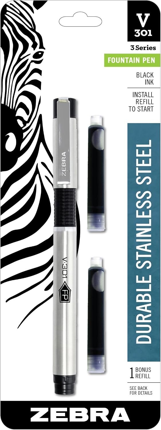 V-301 Fountain Pen, Stainless-Steel Barrel, Fine Point, 0.7mm, Black Ink, 1-Pack