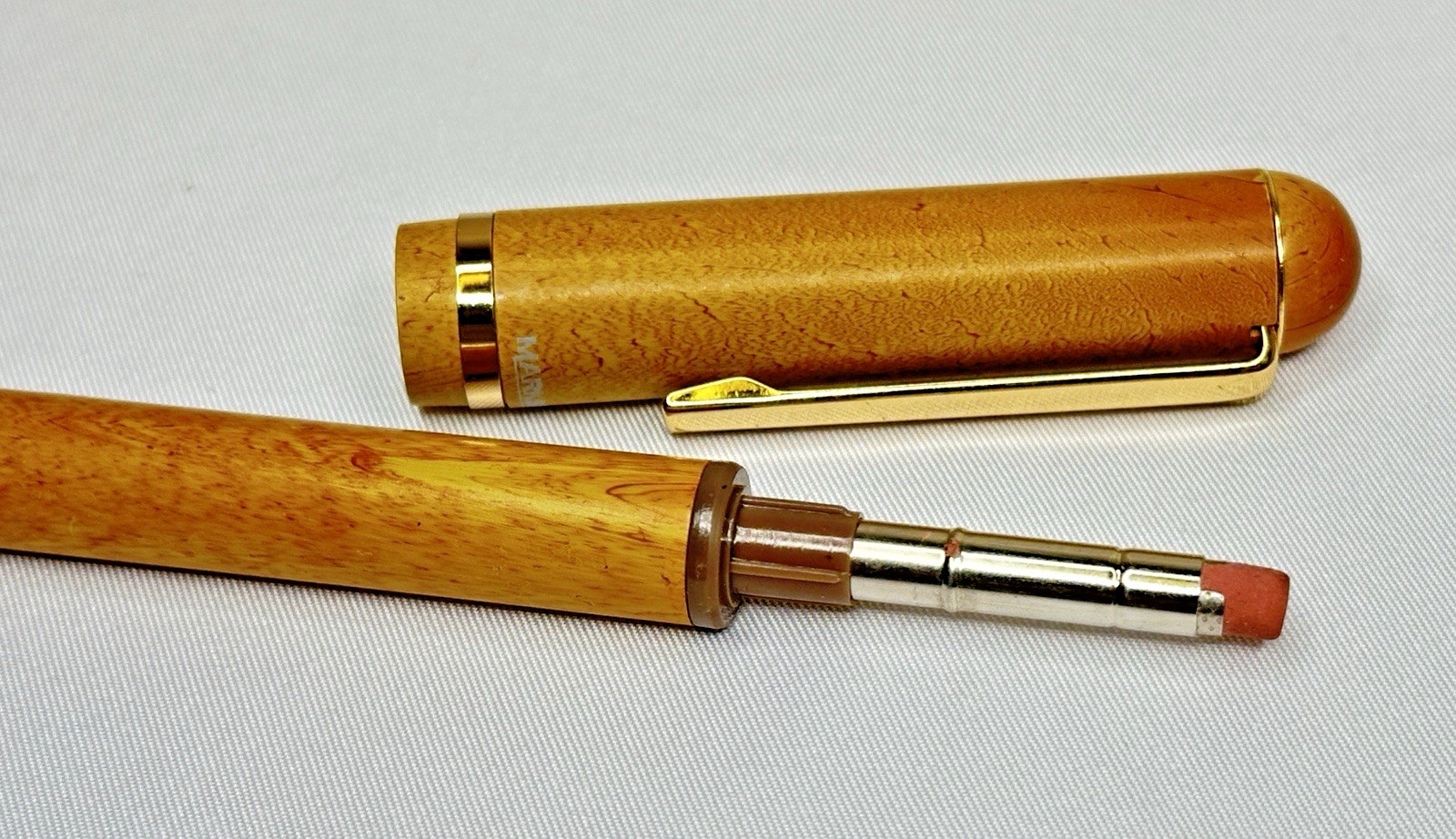 Marksman Fountain Pen, Ballpoint Pen, 0.5mm Pencil Wood Grain Plastic Set W/Case