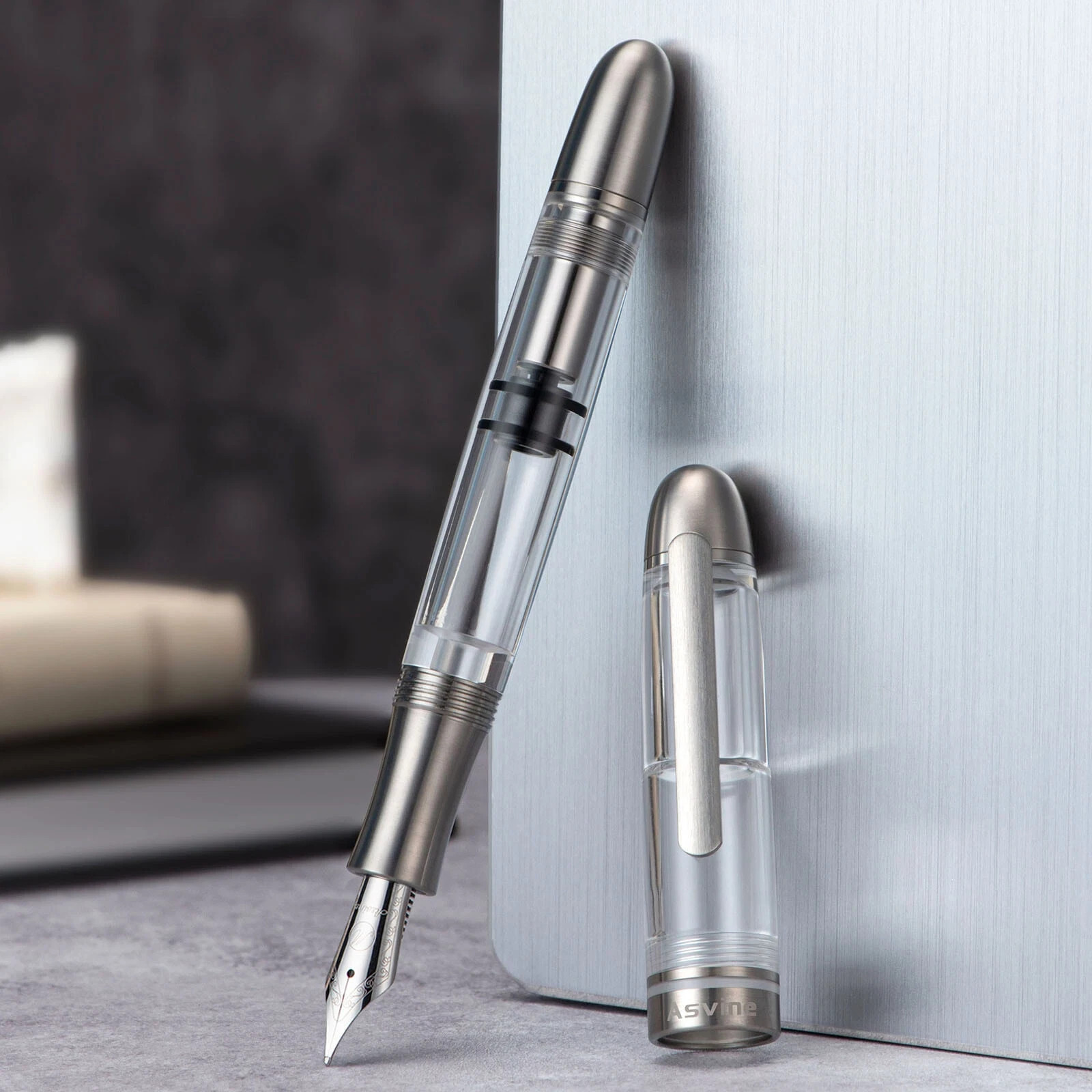 Asvine P36 Piston Fountain Pen Bock F Nib Titanium & Acrylic Gift Pen
