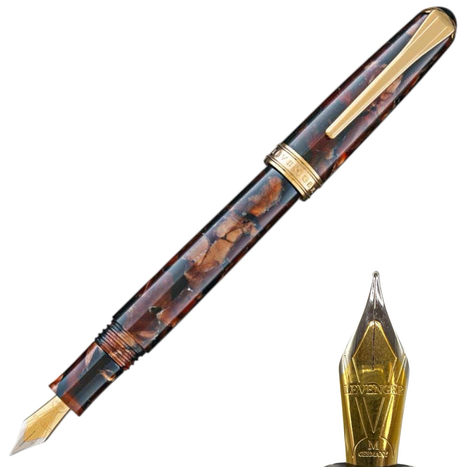Levenger True Writer Classic Golden Dark Tortoise Fountain Pen Medium Nib New