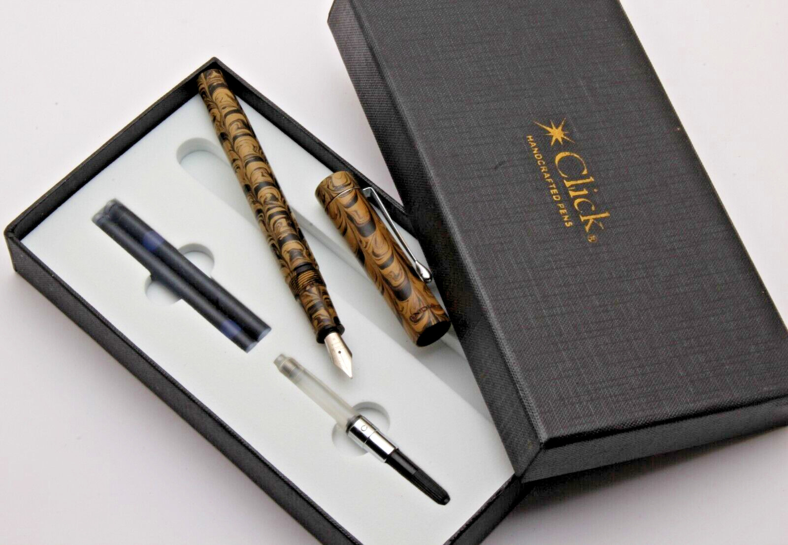 Click Century Light Brown & Black Ebonite Fountain Pen Chrome Trims New In Box