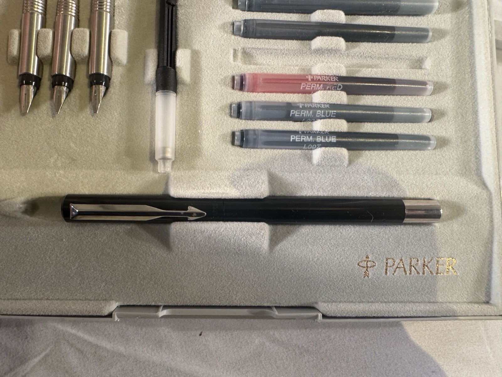 Vintage PARKER Deluxe Calligraphy Set Fountain Pen Ink Cartridges/Case & Nibs