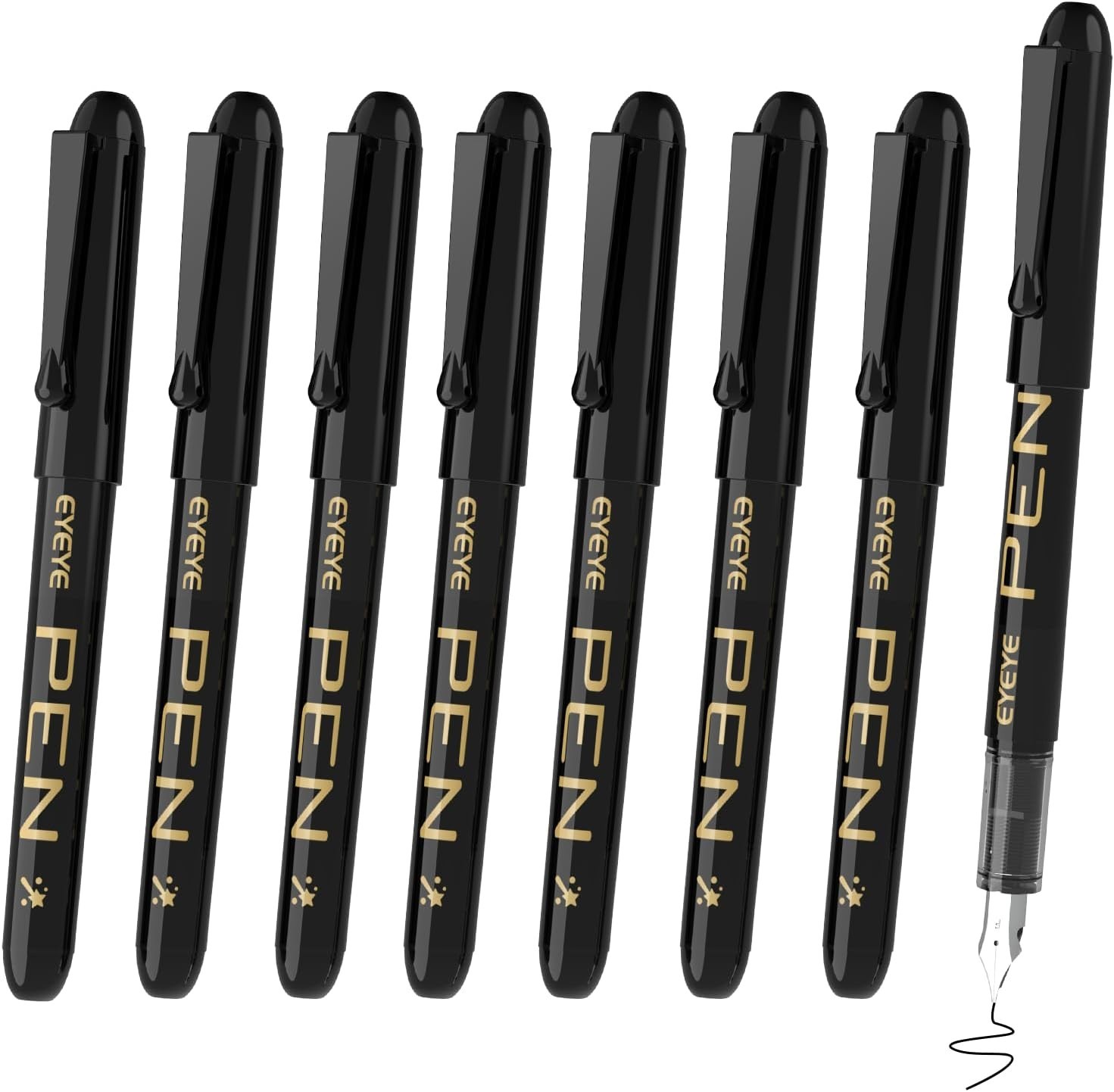 Smooth Writing Black Fountain Pens, 8 Pack – Stainless Steel Nib & Long Lasting