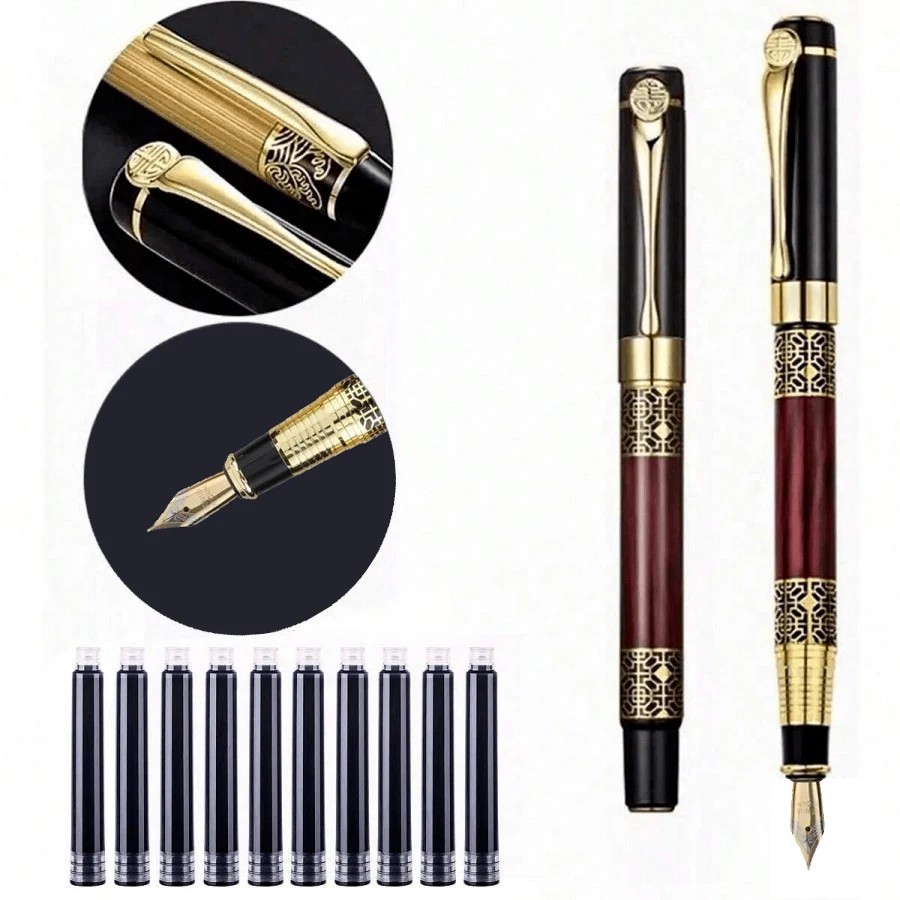 1pc 0.5mm metal nib fountain pen + 10pcs black ink cartridges. A retro, high-end