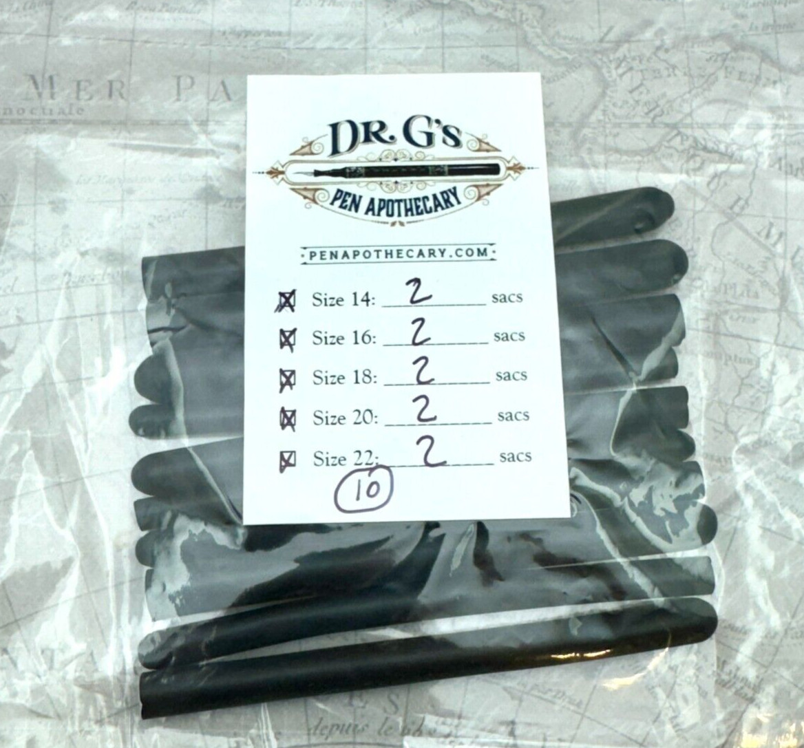 Fountain pen replacement sacs, 10 sac assortment, 2 each size 14, 16, 18, 20, 22