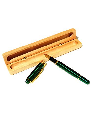 Fountain Pen ,Green With Gold Color Trim ,Black Ink, Maple Wood Case .