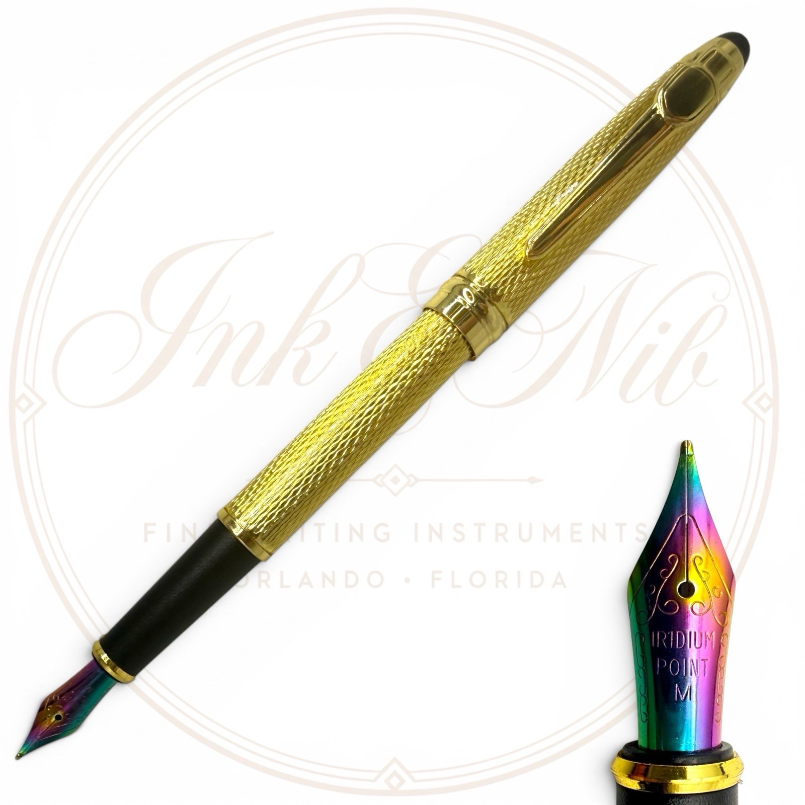 Fountain Pen Medium (M) Nib Gold Knurled Metal Barrel Nice Gift Box